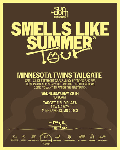 Promotional poster for 'Smells Like Summer Tour' Minnesota Twins Tailgate. Smells like fresh cut grass, juicy hotdogs, and spf. Tickets not necessary to hang with us, but you are going to want to watch the first pitch. Wednesday, May 20th. 10:30am. Target Field Plaza. 1 Twins Way, Minneapolis, MN 55403.