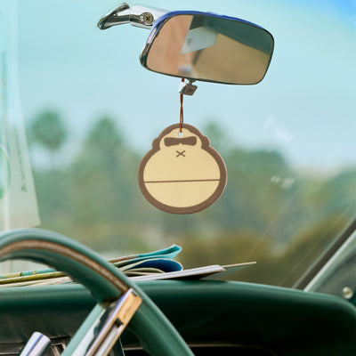 Car air freshener hanging from a rearview mirror with a blurred outdoor background