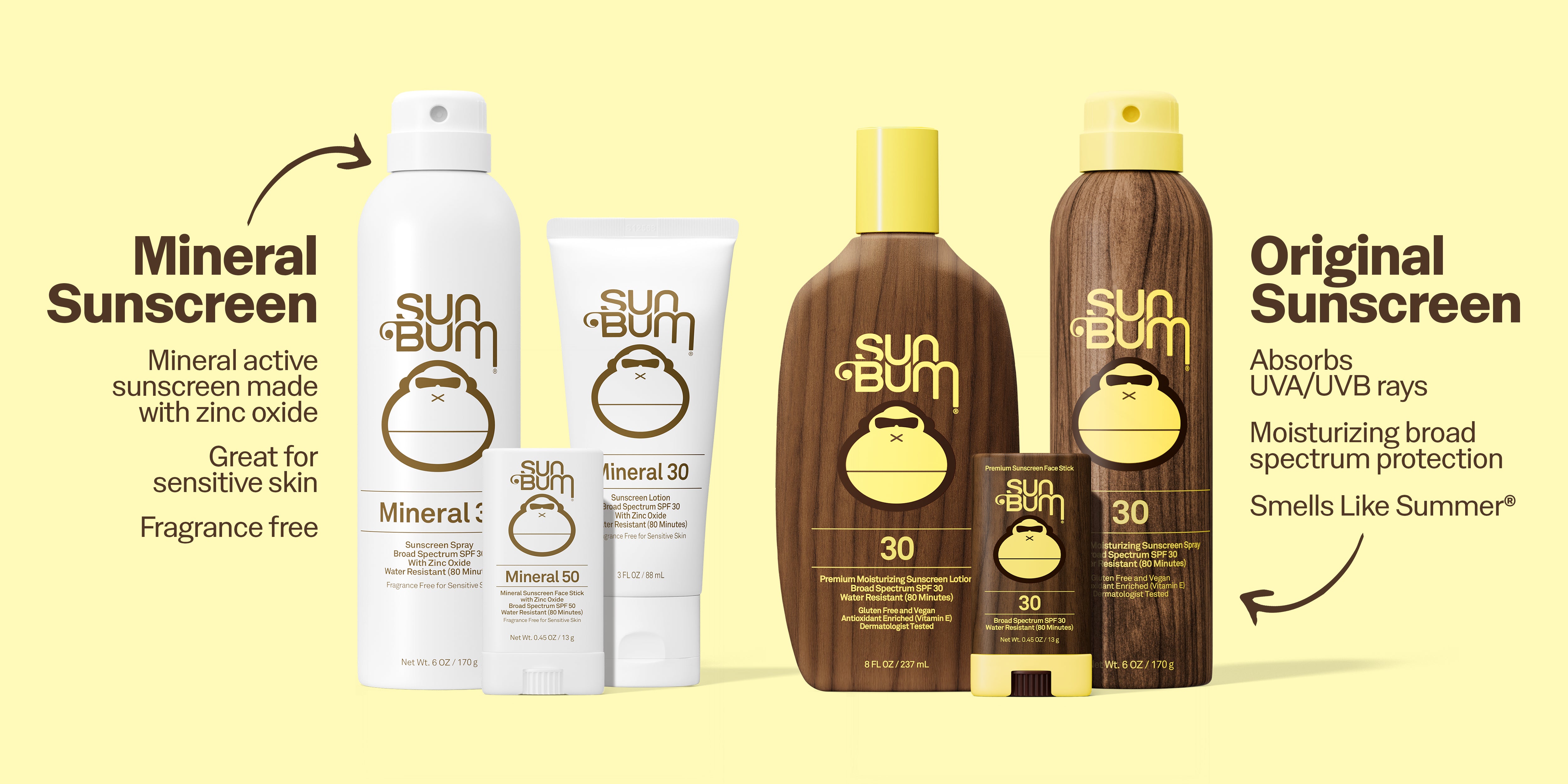 Sun Bum sunscreen products on a yellow background