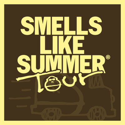 Promotional graphic for 'Smells Like Summer Tour' with a train design on a brown background.