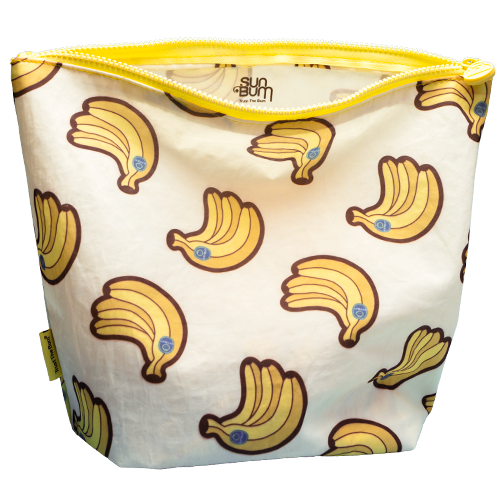 Reusable snack bag with banana pattern and yellow zipper, featuring the Sun Bum brand.